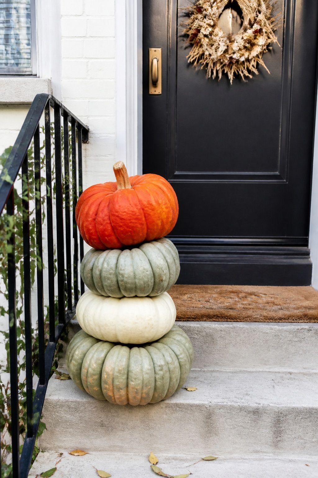 Stack Heirloom Pumpkins on the Steps small apartment idea for Top 17 Fall Front Door Decor Ideas for Apartments.