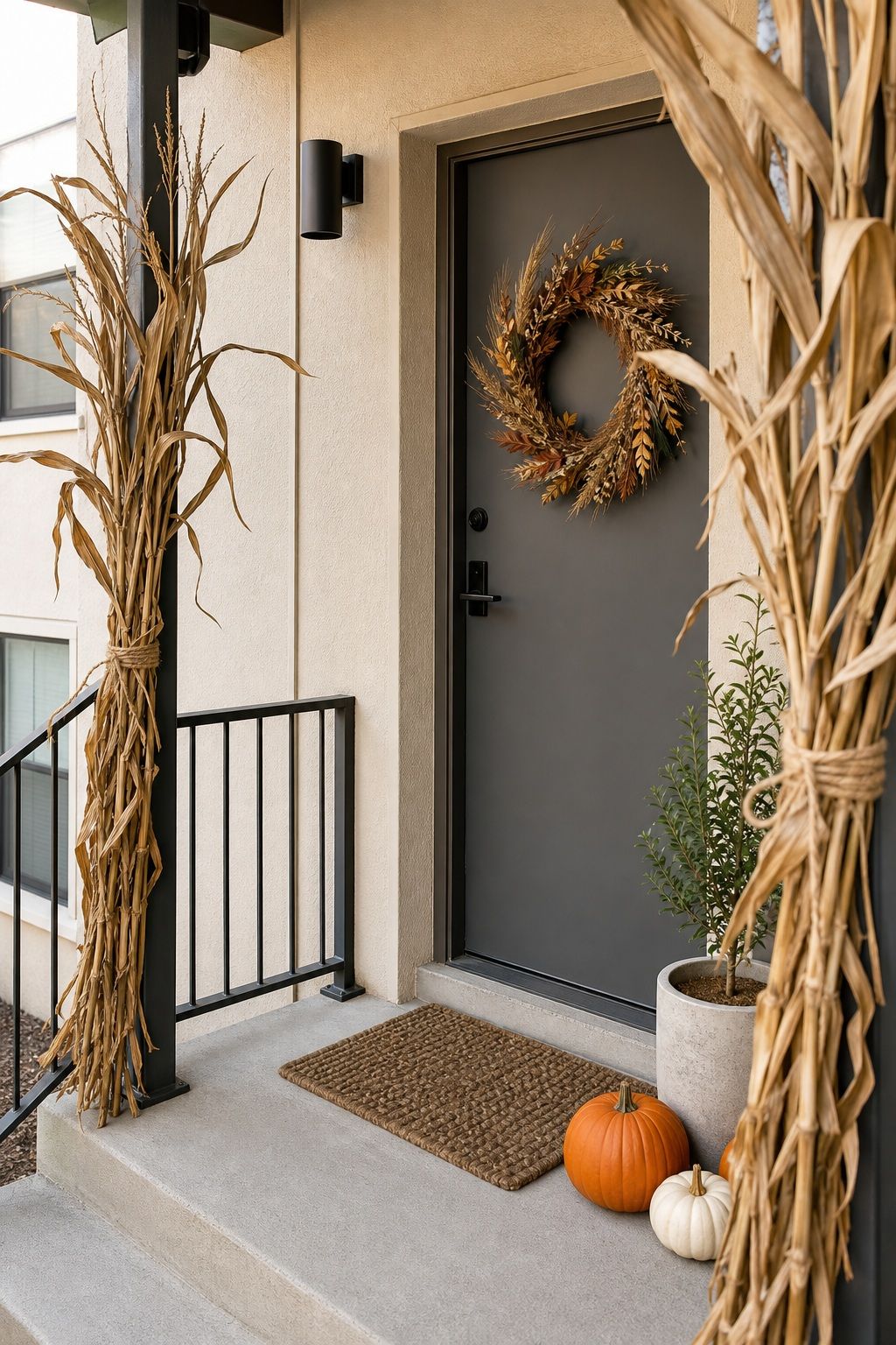 Tie Cornstalks to the Porch Posts small apartment idea for Top 17 Fall Front Door Decor Ideas for Apartments.