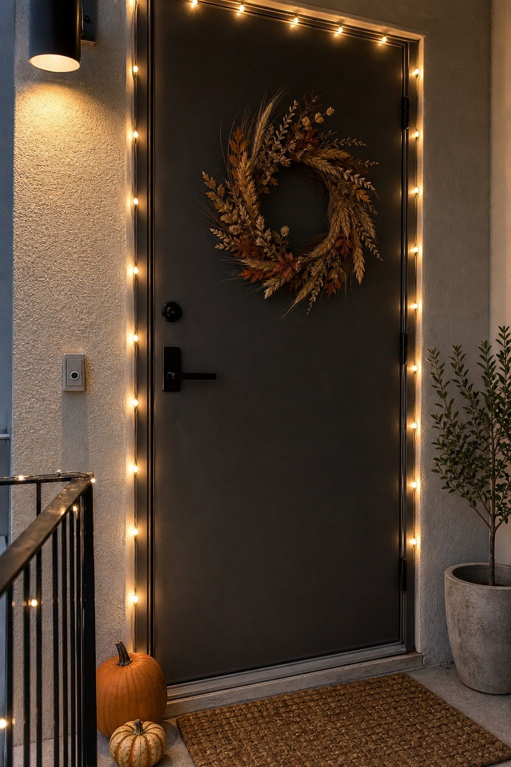 Frame the Door With Warm White String Lights small apartment idea for Top 17 Fall Front Door Decor Ideas for Apartments.