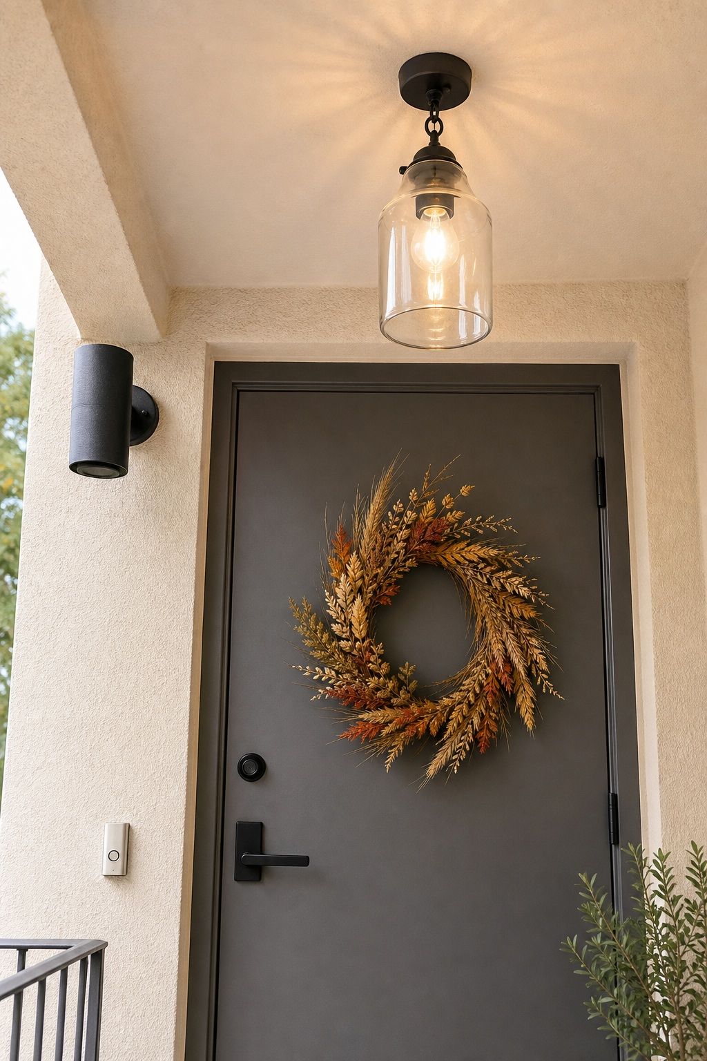 Install a Pendant Light or Glass Lantern Above the Door small apartment idea for Top 17 Fall Front Door Decor Ideas for Apartments.