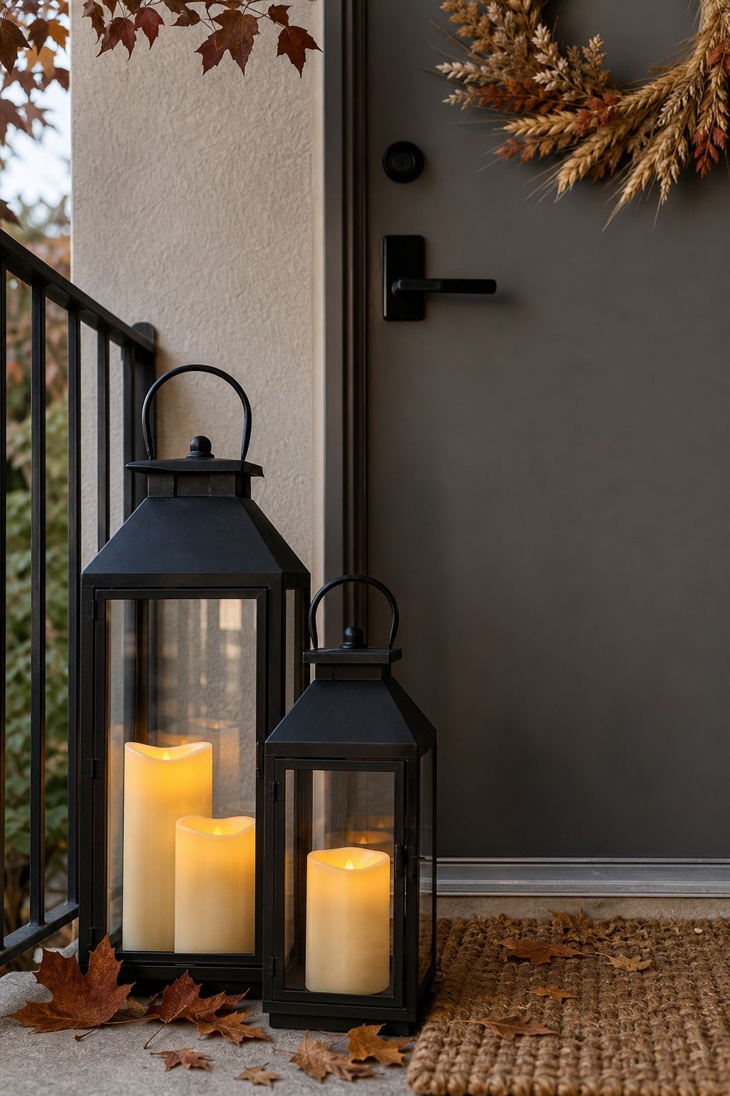 Add Battery Candles in the Lanterns small apartment idea for Top 17 Fall Front Door Decor Ideas for Apartments.