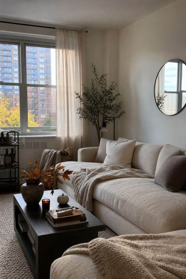Start With a Neutral, Cozy Base Layer small apartment idea for Top 19 Fall Halloween Decor Ideas for Small Apartments.