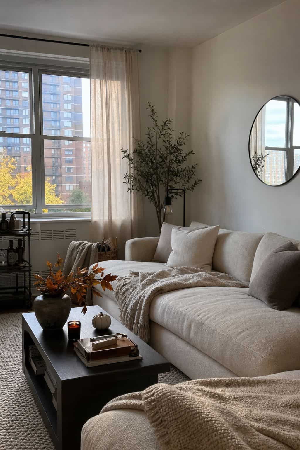 Start With a Neutral, Cozy Base Layer small apartment idea for Top 19 Fall Halloween Decor Ideas for Small Apartments.