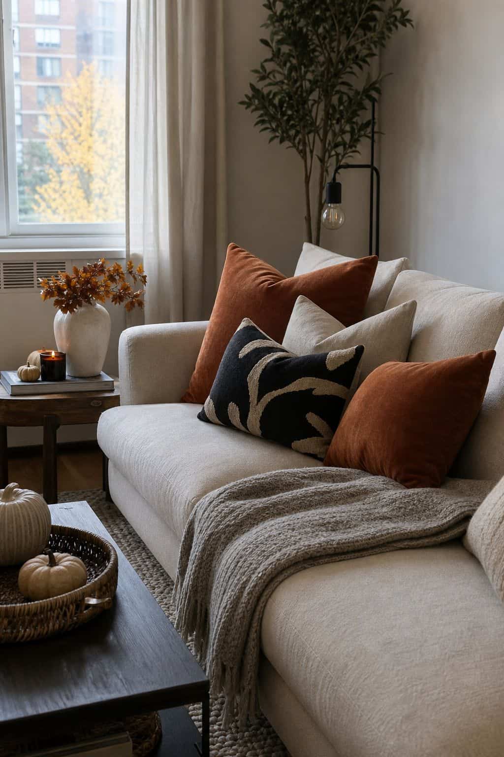 Swap Pillow Covers for an Easy Transition small apartment idea for Top 19 Fall Halloween Decor Ideas for Small Apartments.