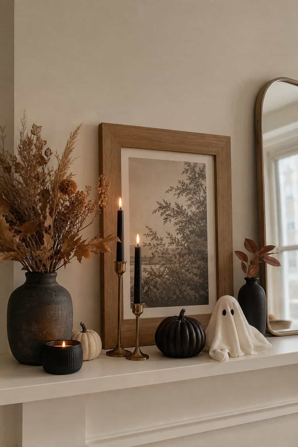 Style the Mantel as a Blended Vignette small apartment idea for Top 19 Fall Halloween Decor Ideas for Small Apartments.