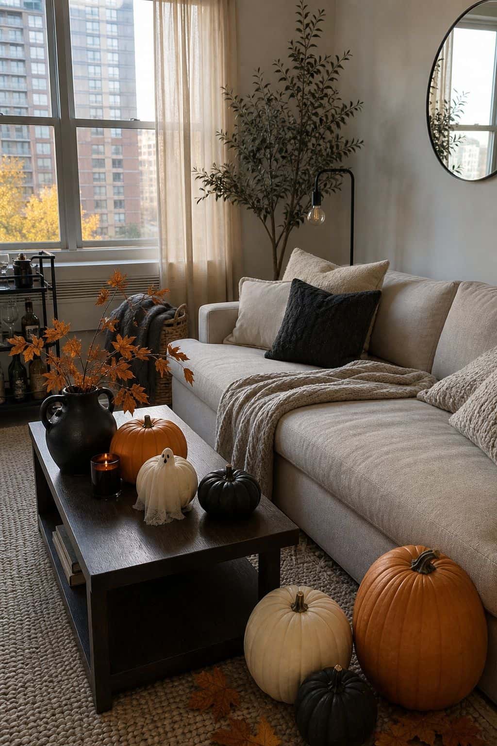 Use Pumpkins as the Bridge Element small apartment idea for Top 19 Fall Halloween Decor Ideas for Small Apartments.