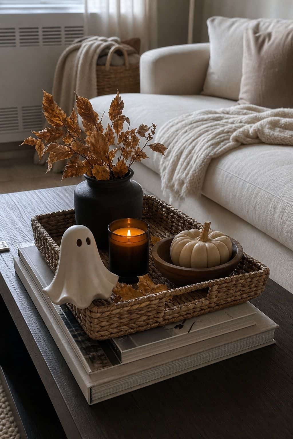 Style the Coffee Table With a Layered Tray small apartment idea for Top 19 Fall Halloween Decor Ideas for Small Apartments.