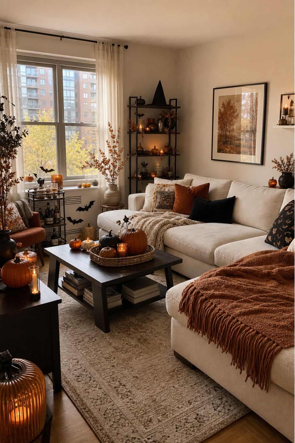 Keep a Warm, Cohesive Color Palette small apartment idea for Top 19 Fall Halloween Decor Ideas for Small Apartments.