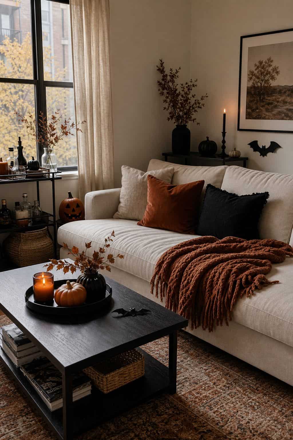 Balance Cozy and Spooky With a Light Hand small apartment idea for Top 19 Fall Halloween Decor Ideas for Small Apartments.