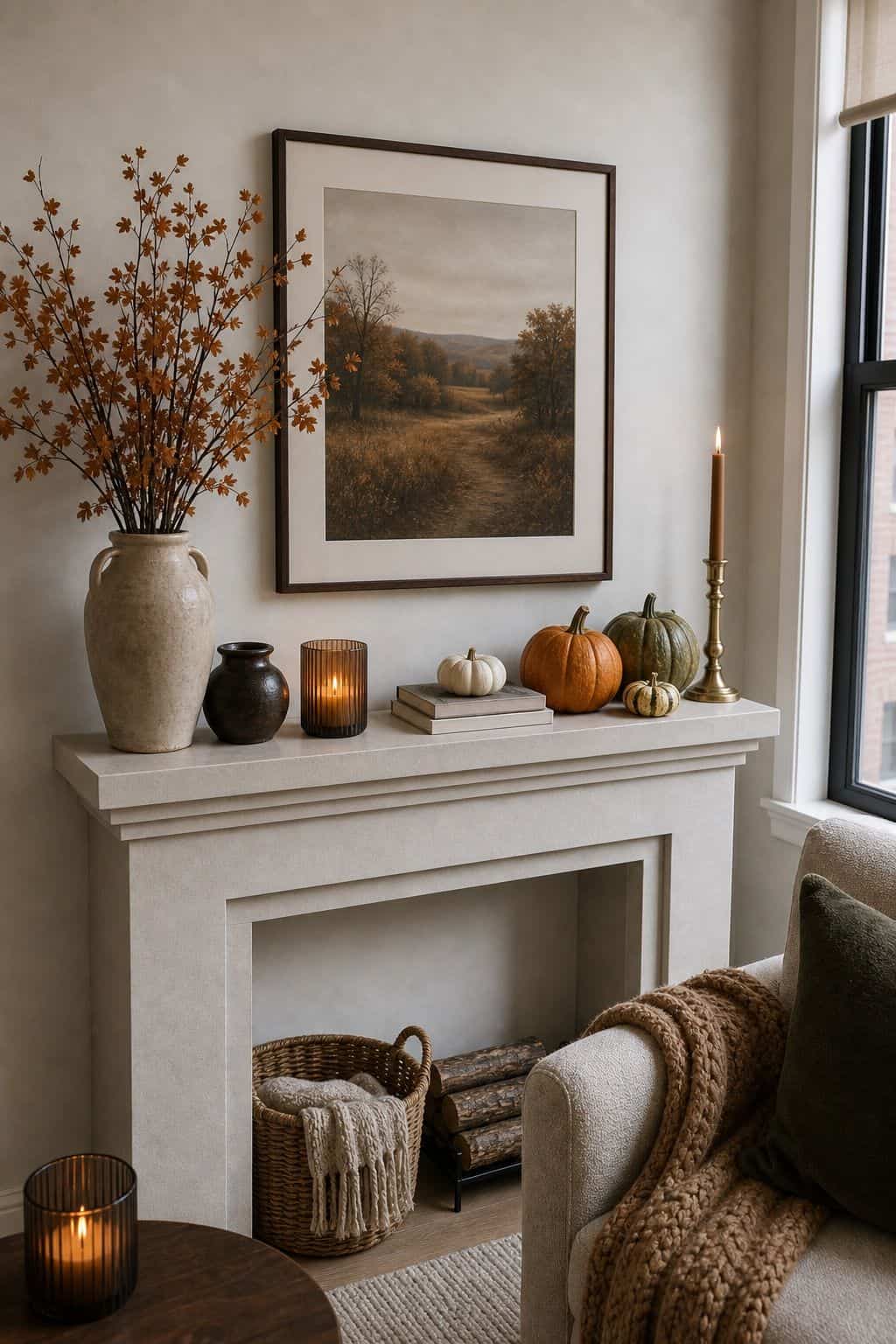 Start With a Backdrop: Mirror or Art small apartment idea for Top 18 Fall Mantle Decor Ideas for Small Spaces.