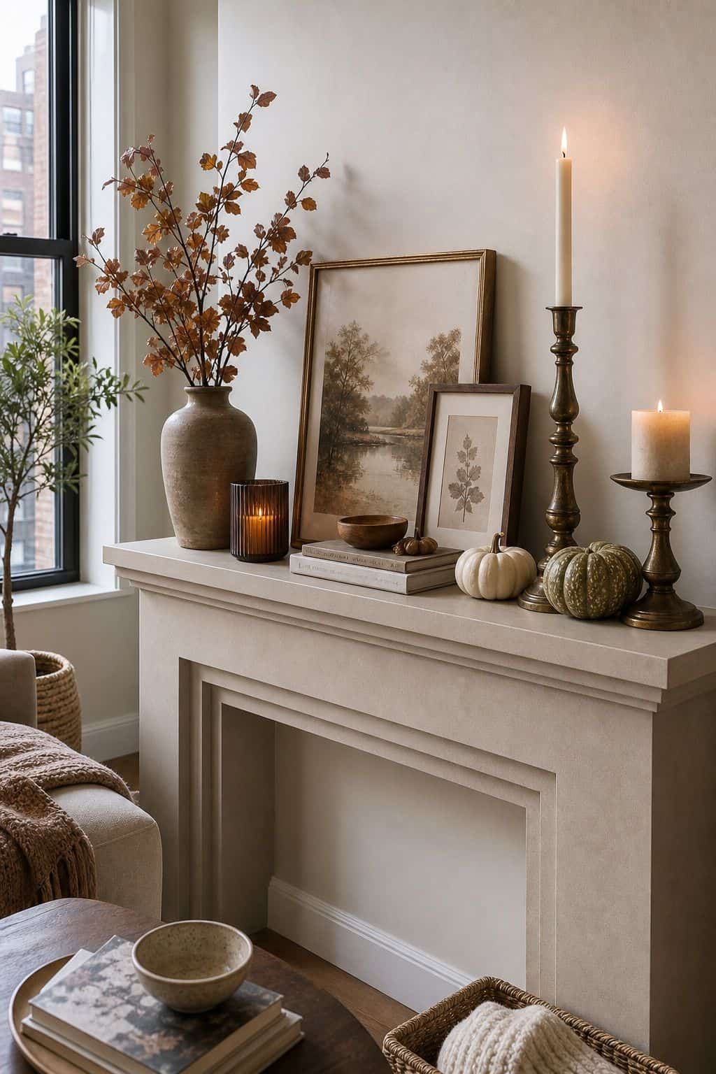 Stage Objects in Varying Heights small apartment idea for Top 18 Fall Mantle Decor Ideas for Small Spaces.