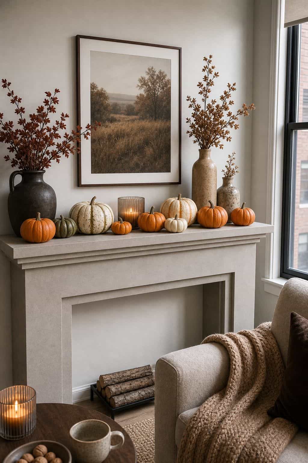 Cluster Pumpkins Across the Mantle small apartment idea for Top 18 Fall Mantle Decor Ideas for Small Spaces.