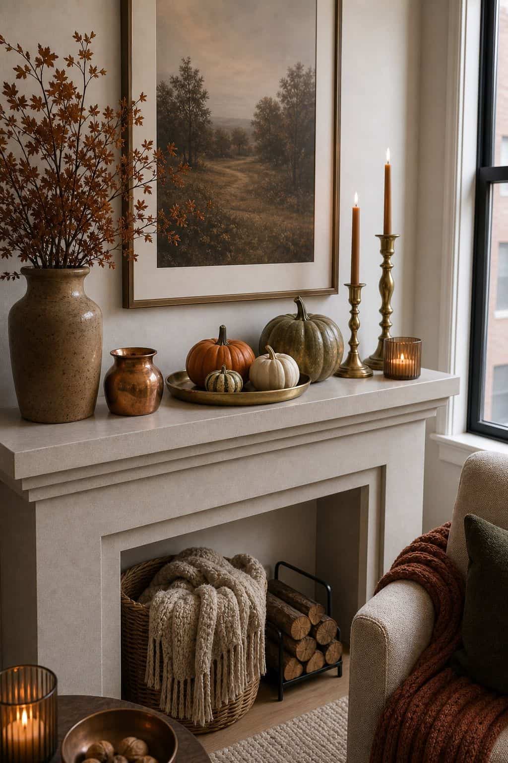 Use Warm Metals Like Copper and Brass small apartment idea for Top 18 Fall Mantle Decor Ideas for Small Spaces.