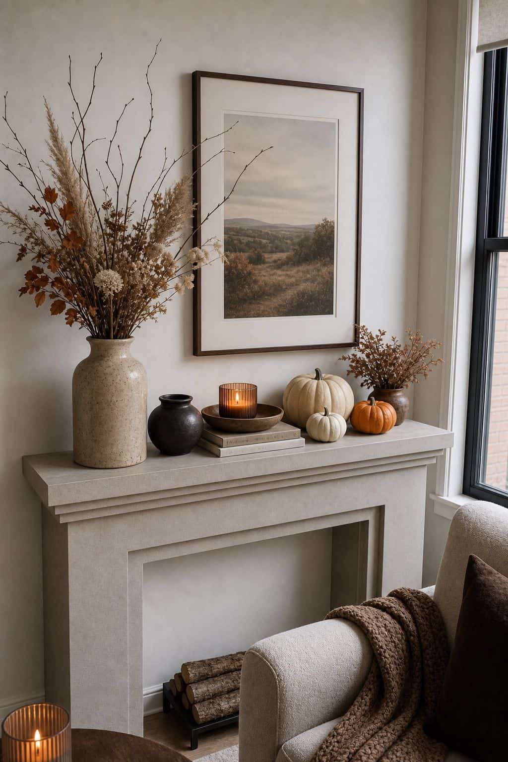 Add Dried Florals and Branches small apartment idea for Top 18 Fall Mantle Decor Ideas for Small Spaces.