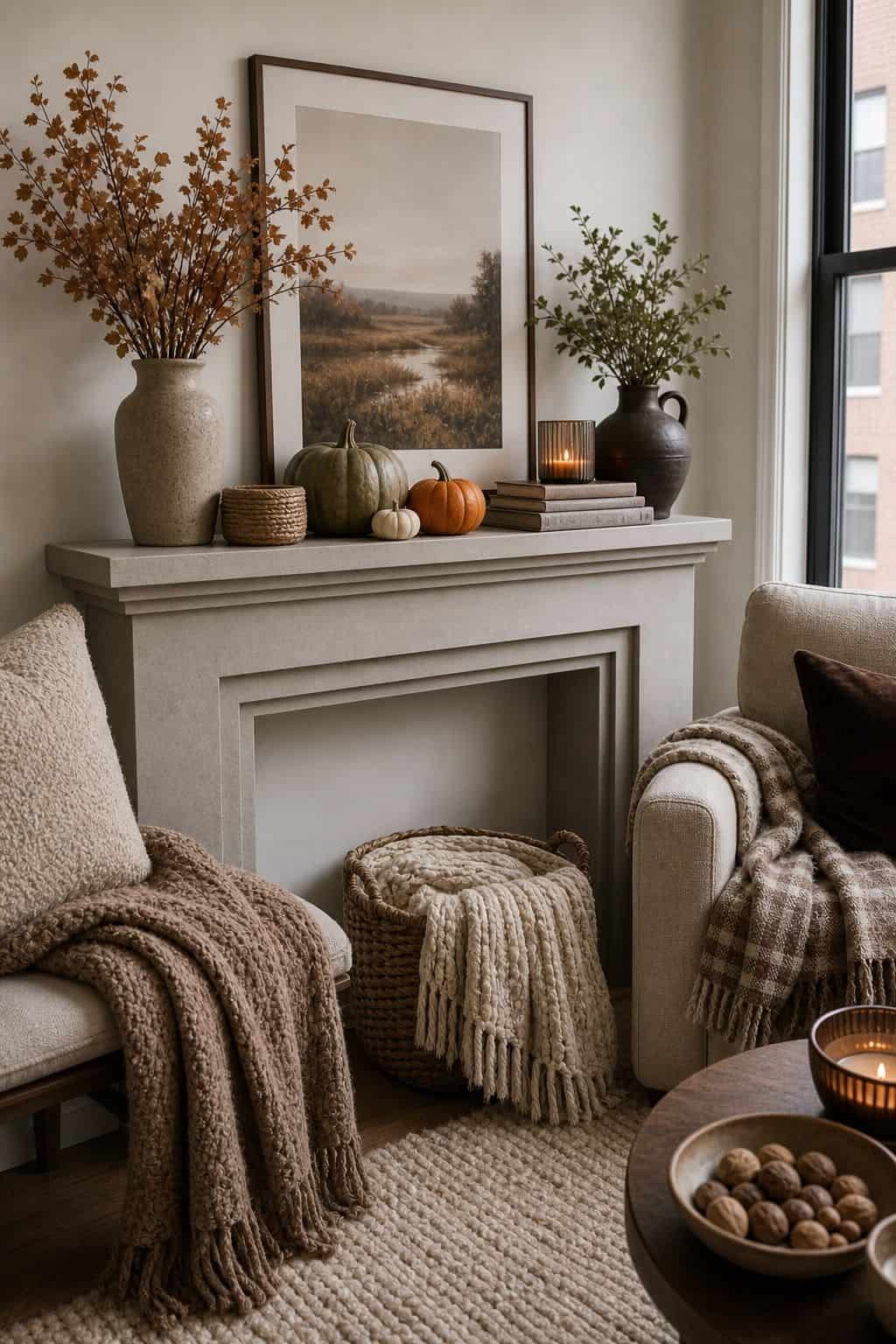 Layer Soft Textures Around the Mantle small apartment idea for Top 18 Fall Mantle Decor Ideas for Small Spaces.