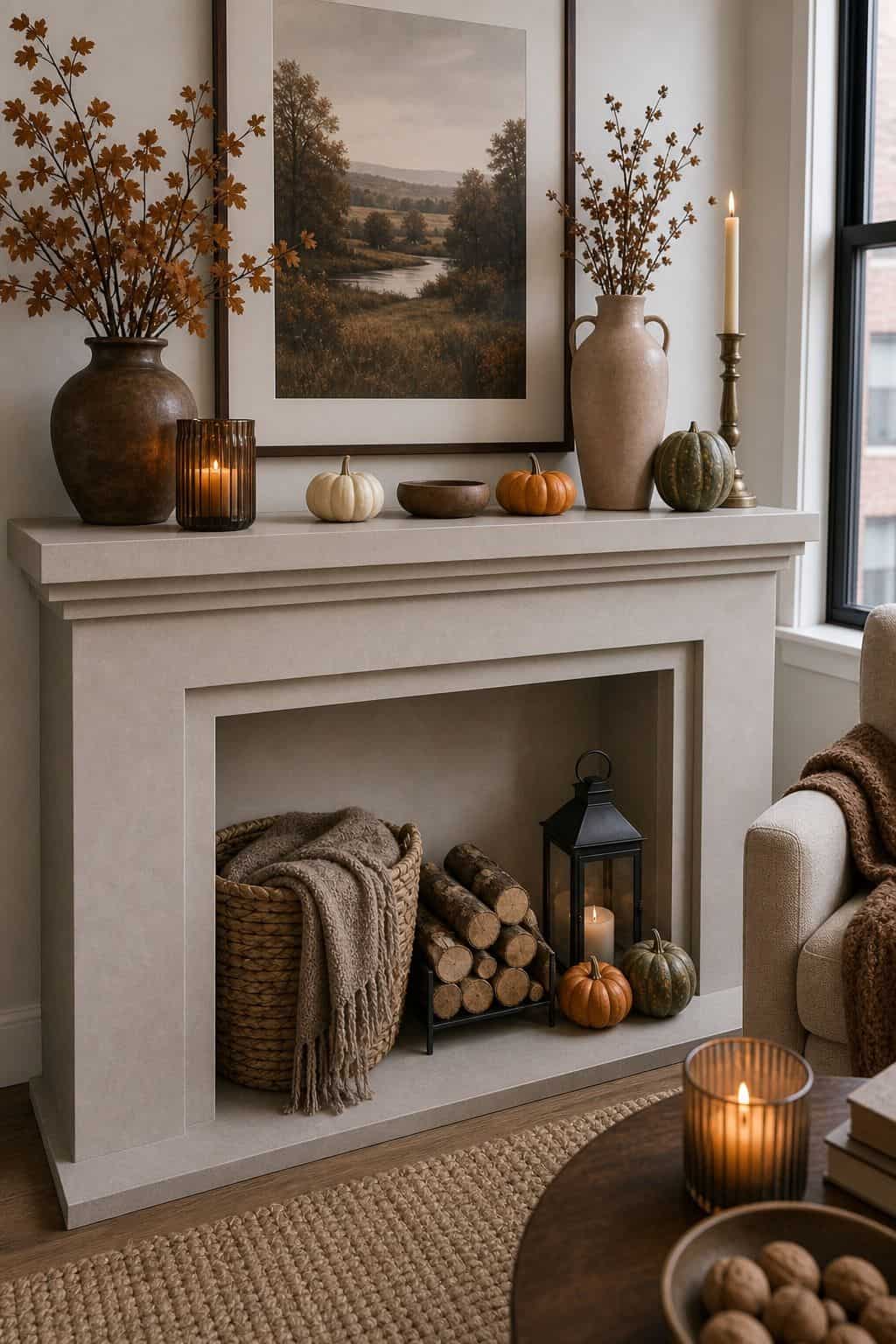 Style the Firebox Below the Mantle small apartment idea for Top 18 Fall Mantle Decor Ideas for Small Spaces.