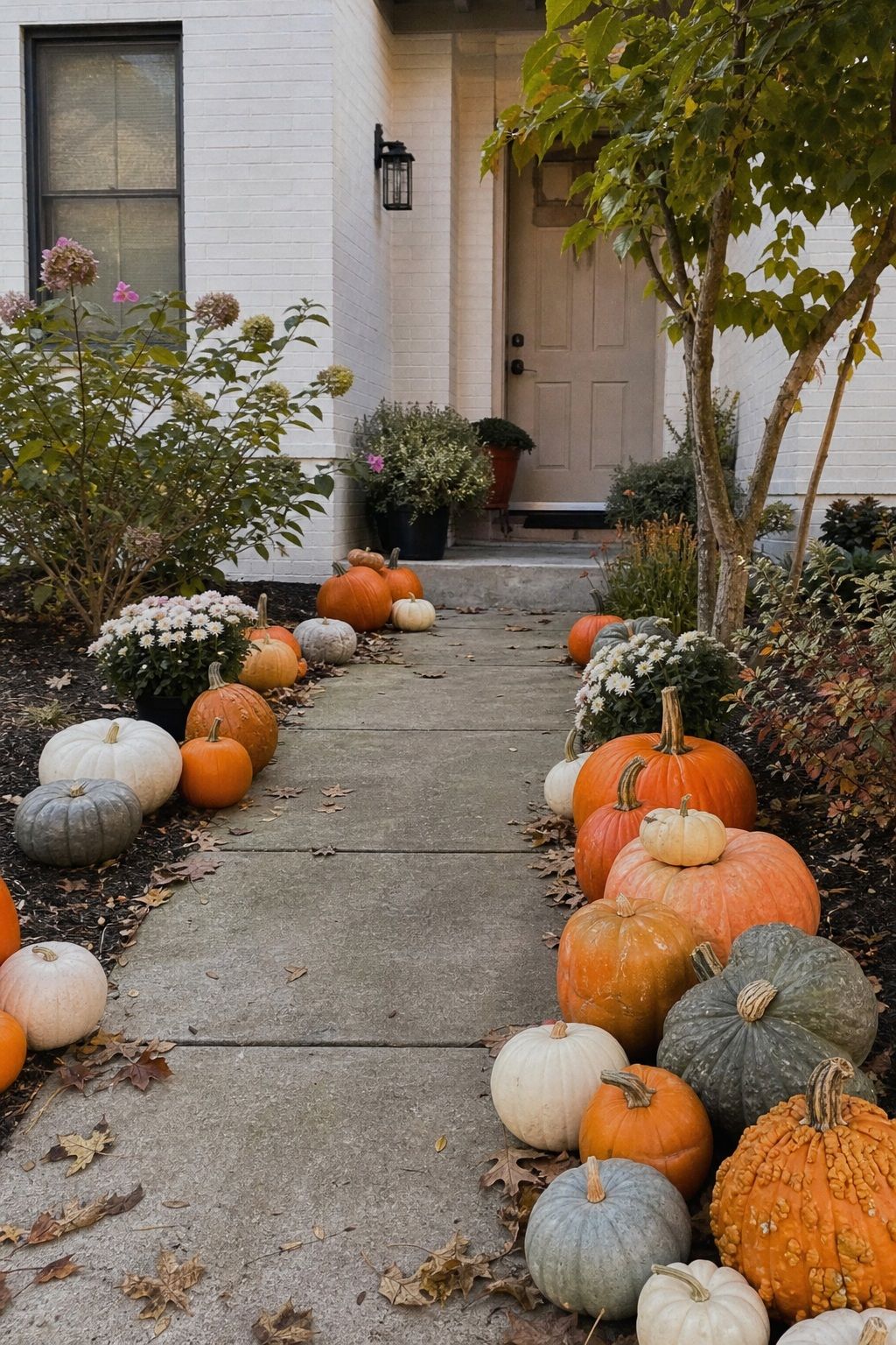 Line the Walkway With Clustered Pumpkins small apartment idea for Top 18 Fall Outdoor Decor Ideas for the Yard, Walkway, and Garden.