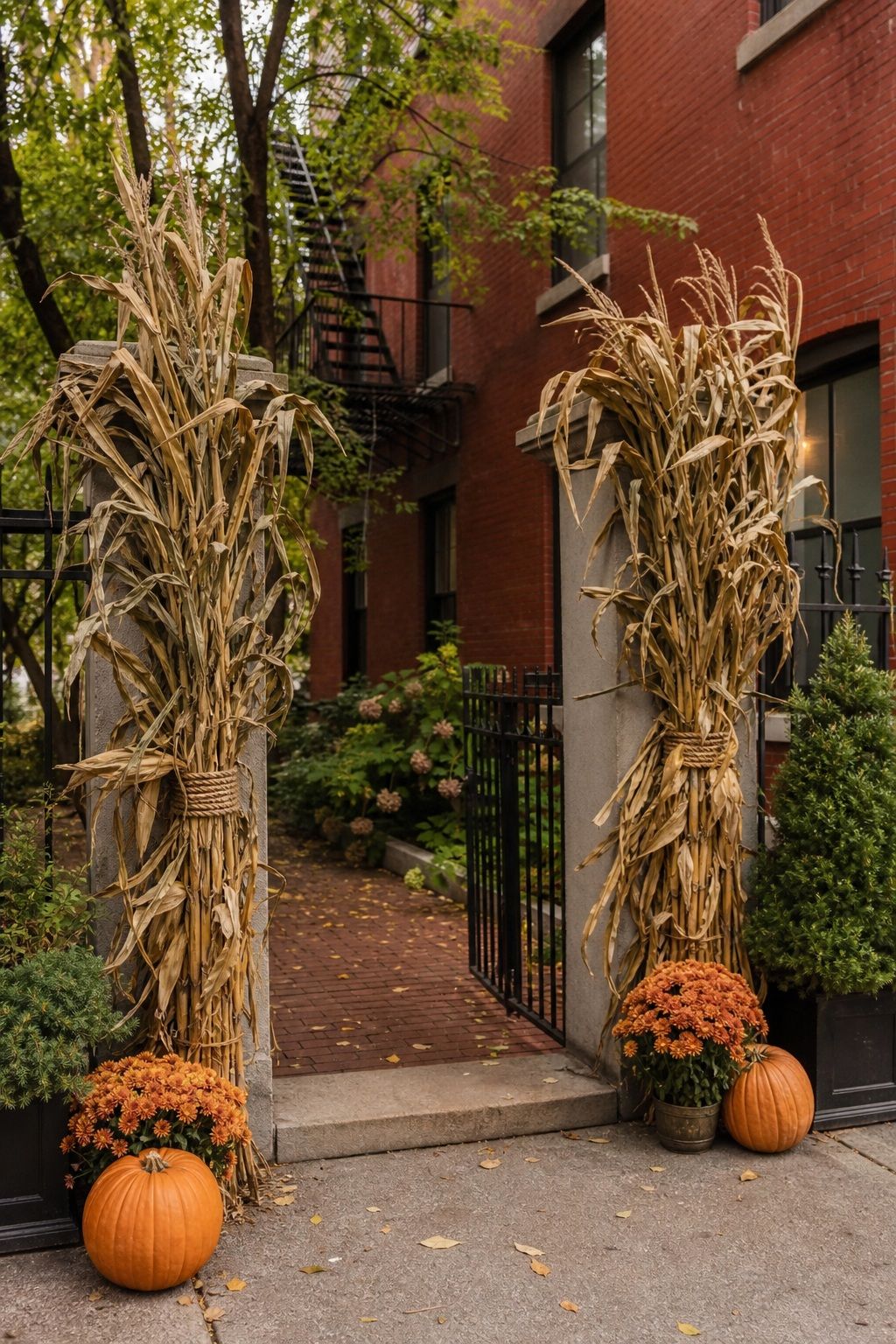 Place Cornstalks at Gate Posts and Entryways small apartment idea for Top 18 Fall Outdoor Decor Ideas for the Yard, Walkway, and Garden.