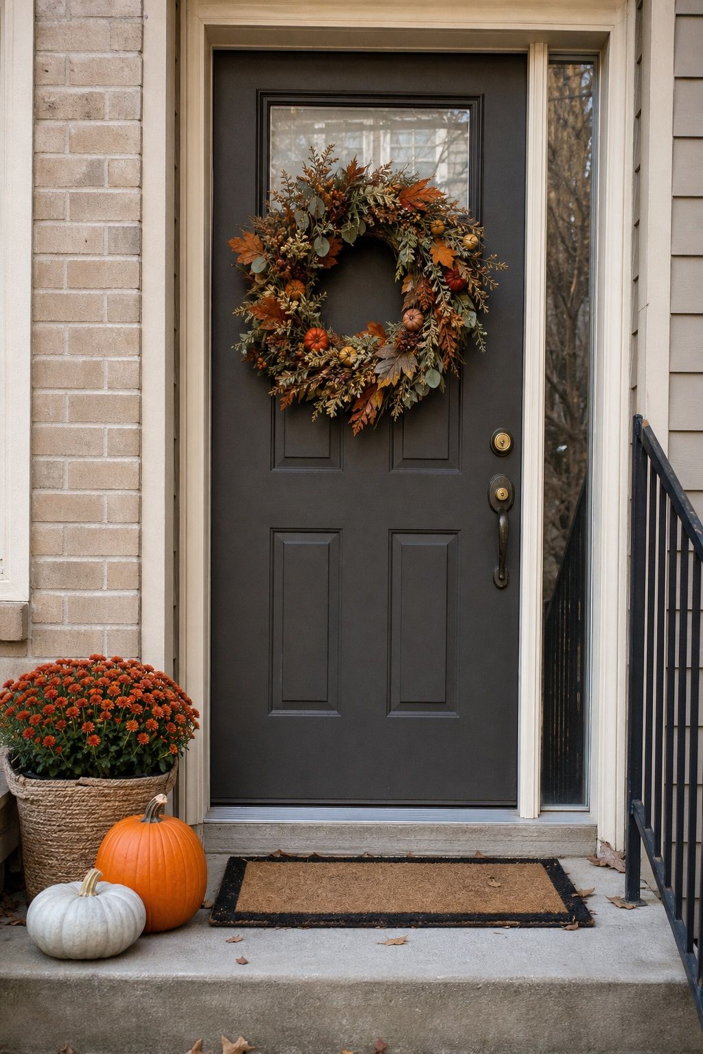 Hang a Fall Wreath on the Front Door small apartment idea for Top 18 Fall Outdoor Decor Ideas for the Yard, Walkway, and Garden.