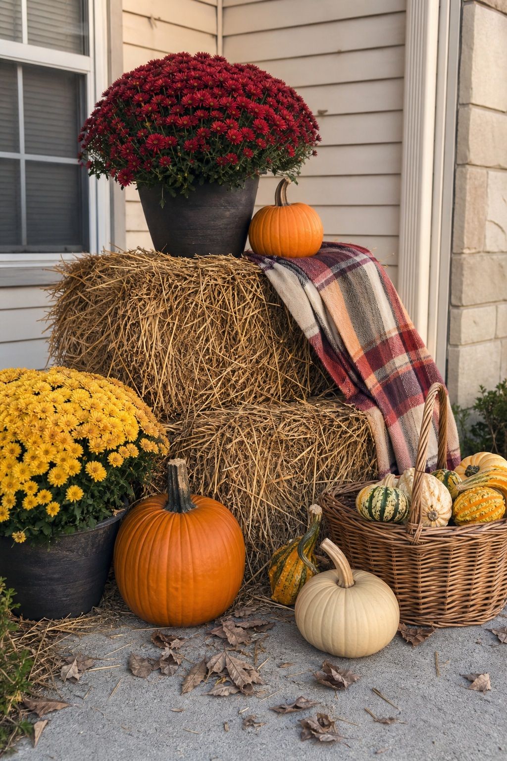 Add Hay Bales for a Harvest Display small apartment idea for Top 18 Fall Outdoor Decor Ideas for the Yard, Walkway, and Garden.