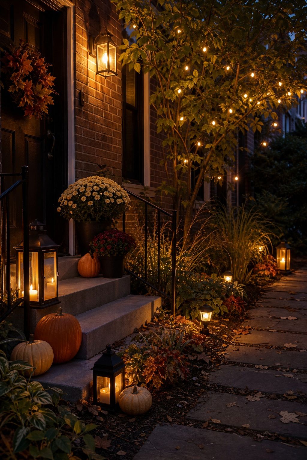 Keep the Lighting Warm and Layered small apartment idea for Top 18 Fall Outdoor Decor Ideas for the Yard, Walkway, and Garden.