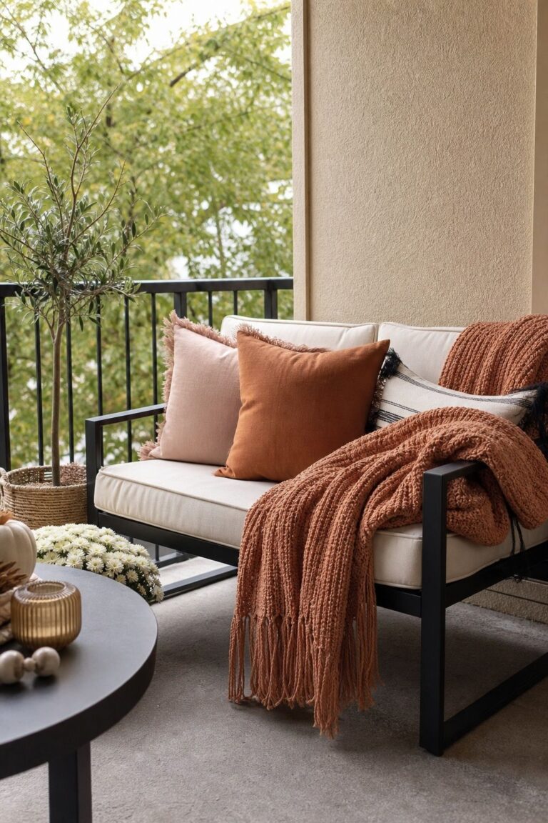Layer Weather-Resistant Cushions and Throws small apartment idea for Top 16 Fall Patio Decor Ideas for Small Patios and Apartments.