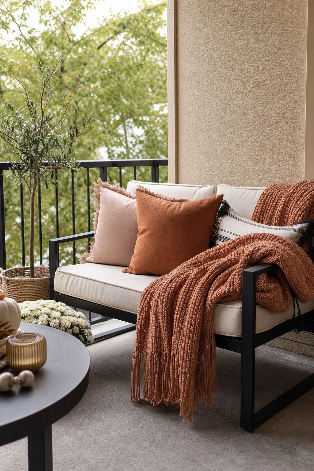 Layer Weather-Resistant Cushions and Throws small apartment idea for Top 16 Fall Patio Decor Ideas for Small Patios and Apartments.