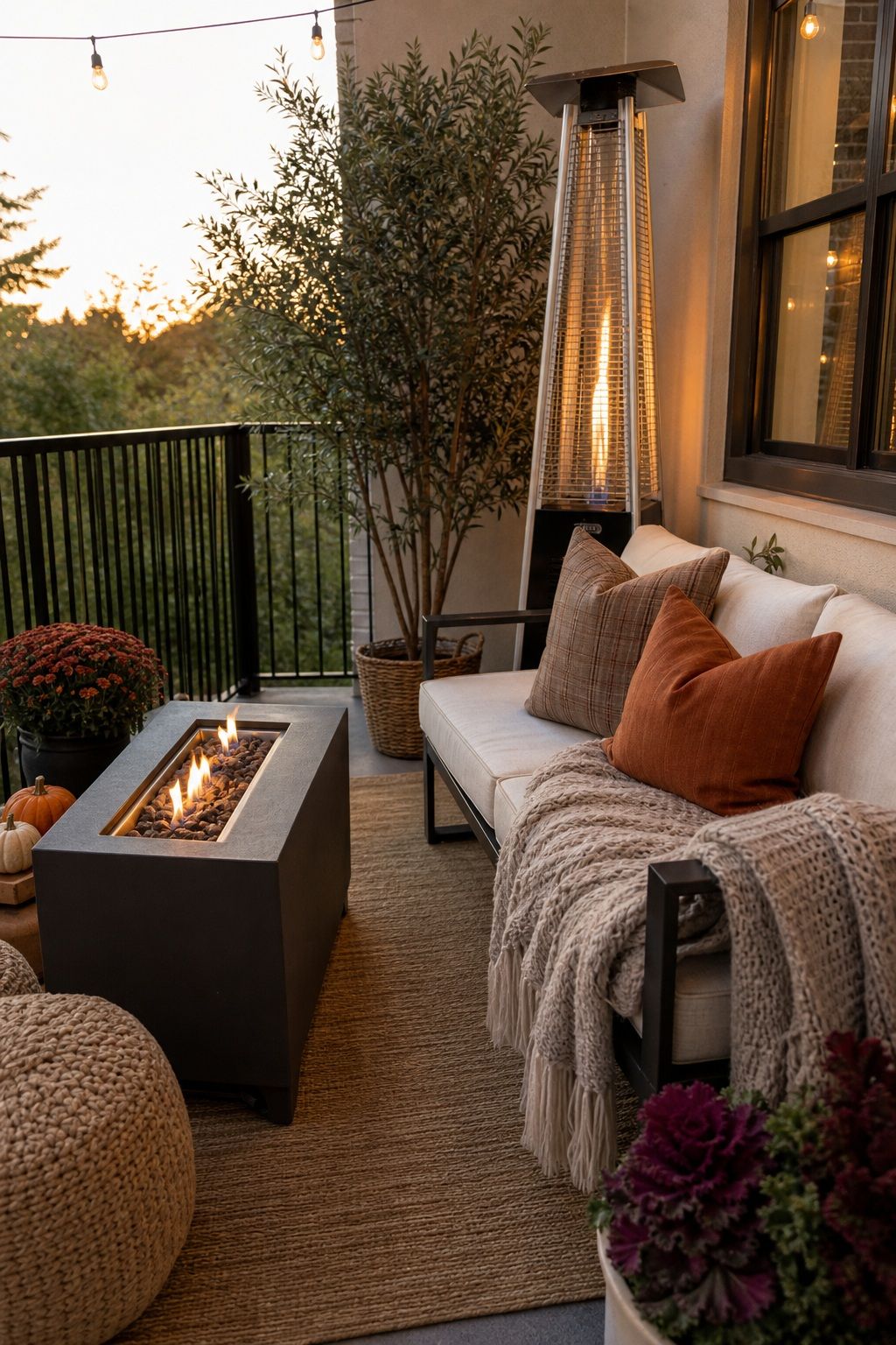 Add a Fire Table or Patio Heater for Real Warmth small apartment idea for Top 16 Fall Patio Decor Ideas for Small Patios and Apartments.