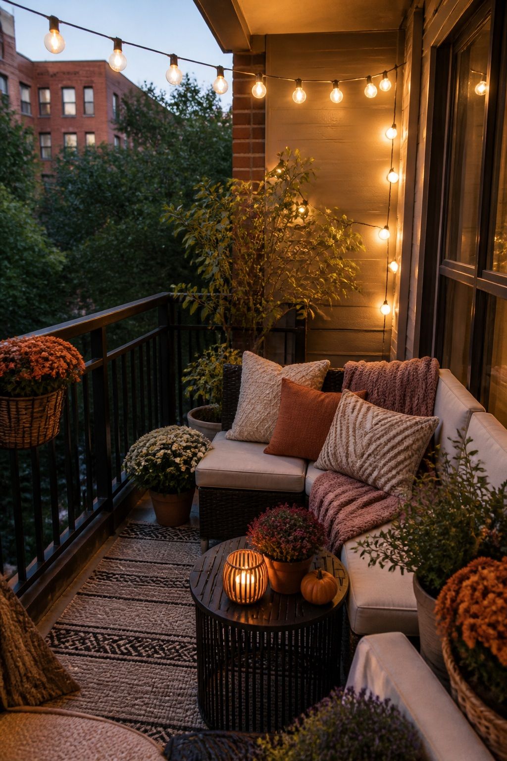 String Up Soft Lighting for Long Evenings small apartment idea for Top 16 Fall Patio Decor Ideas for Small Patios and Apartments.