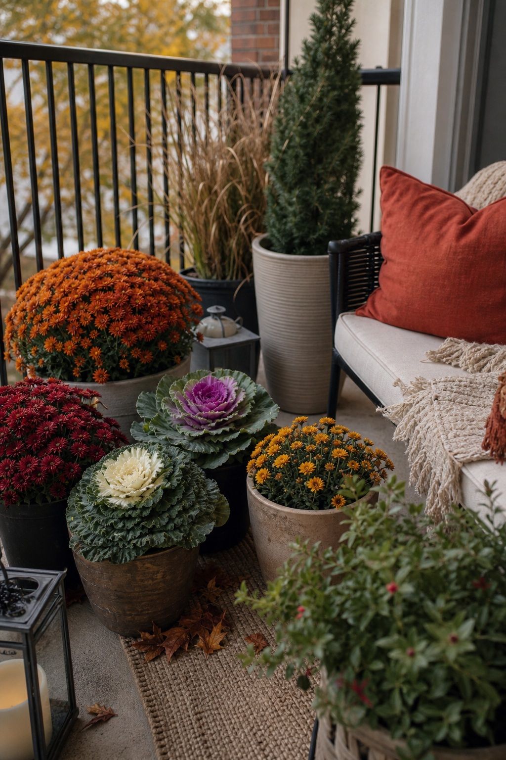 Plant Mums and Ornamental Cabbages small apartment idea for Top 16 Fall Patio Decor Ideas for Small Patios and Apartments.