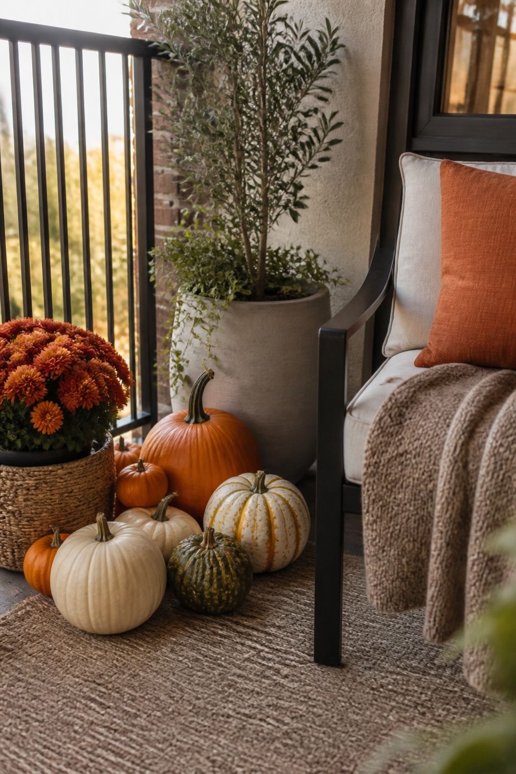 Cluster Pumpkins and Gourds in Varied Sizes small apartment idea for Top 16 Fall Patio Decor Ideas for Small Patios and Apartments.