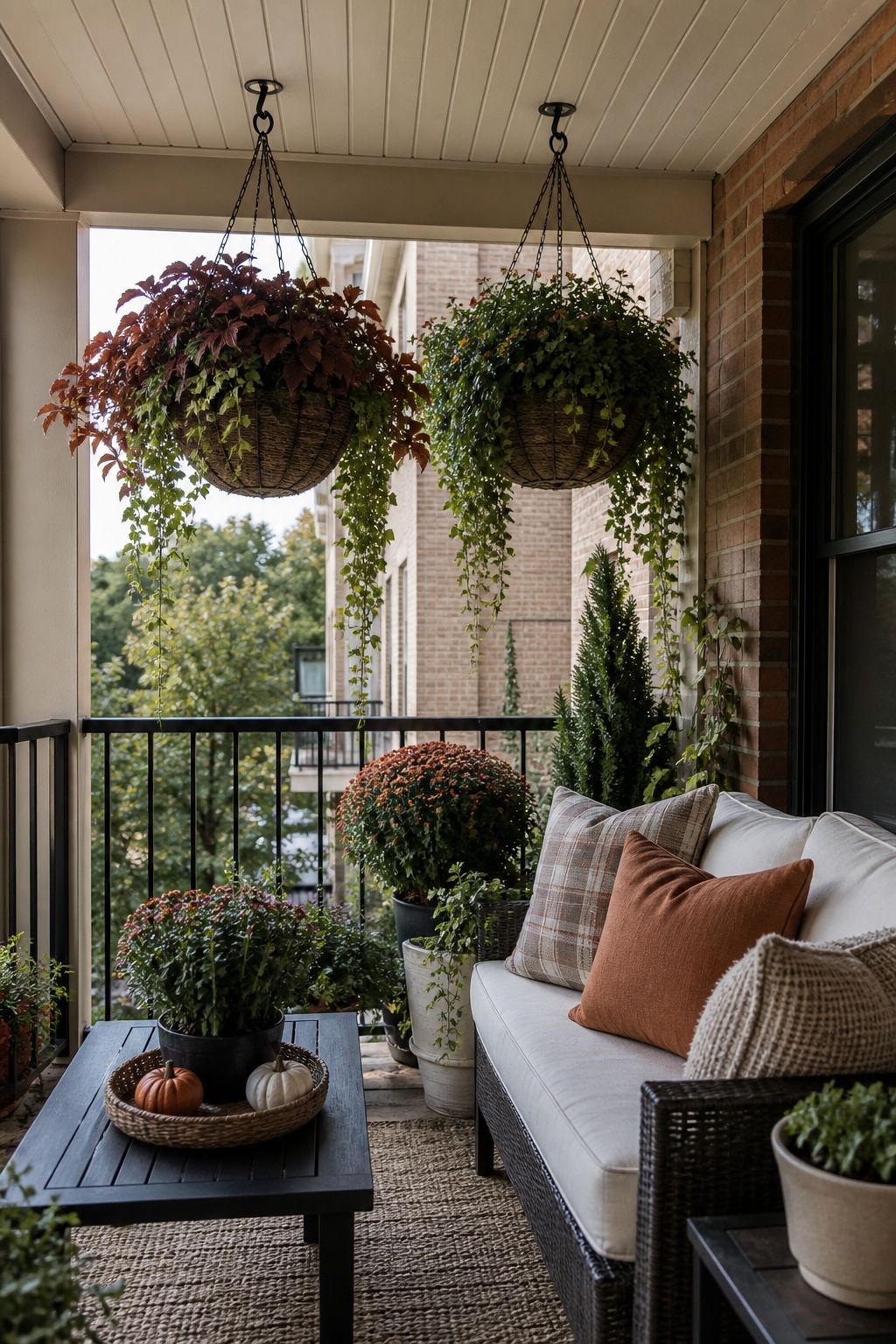Suspend Hanging Baskets From a Covered Patio small apartment idea for Top 16 Fall Patio Decor Ideas for Small Patios and Apartments.