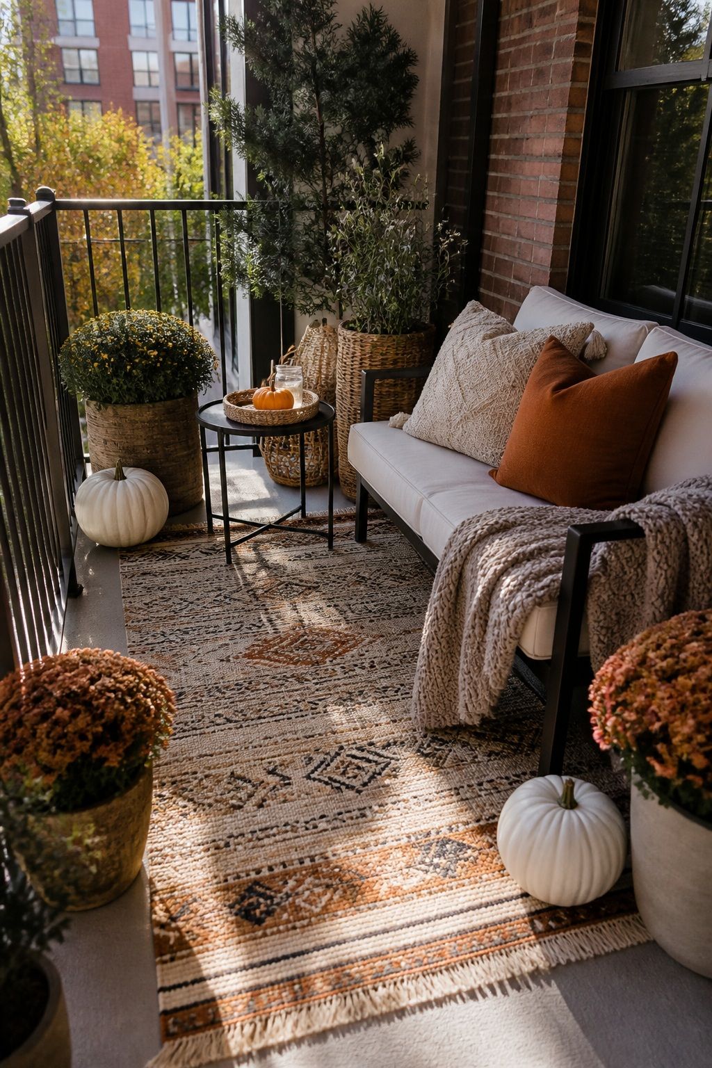Add an Outdoor Rug to Define the Space small apartment idea for Top 16 Fall Patio Decor Ideas for Small Patios and Apartments.
