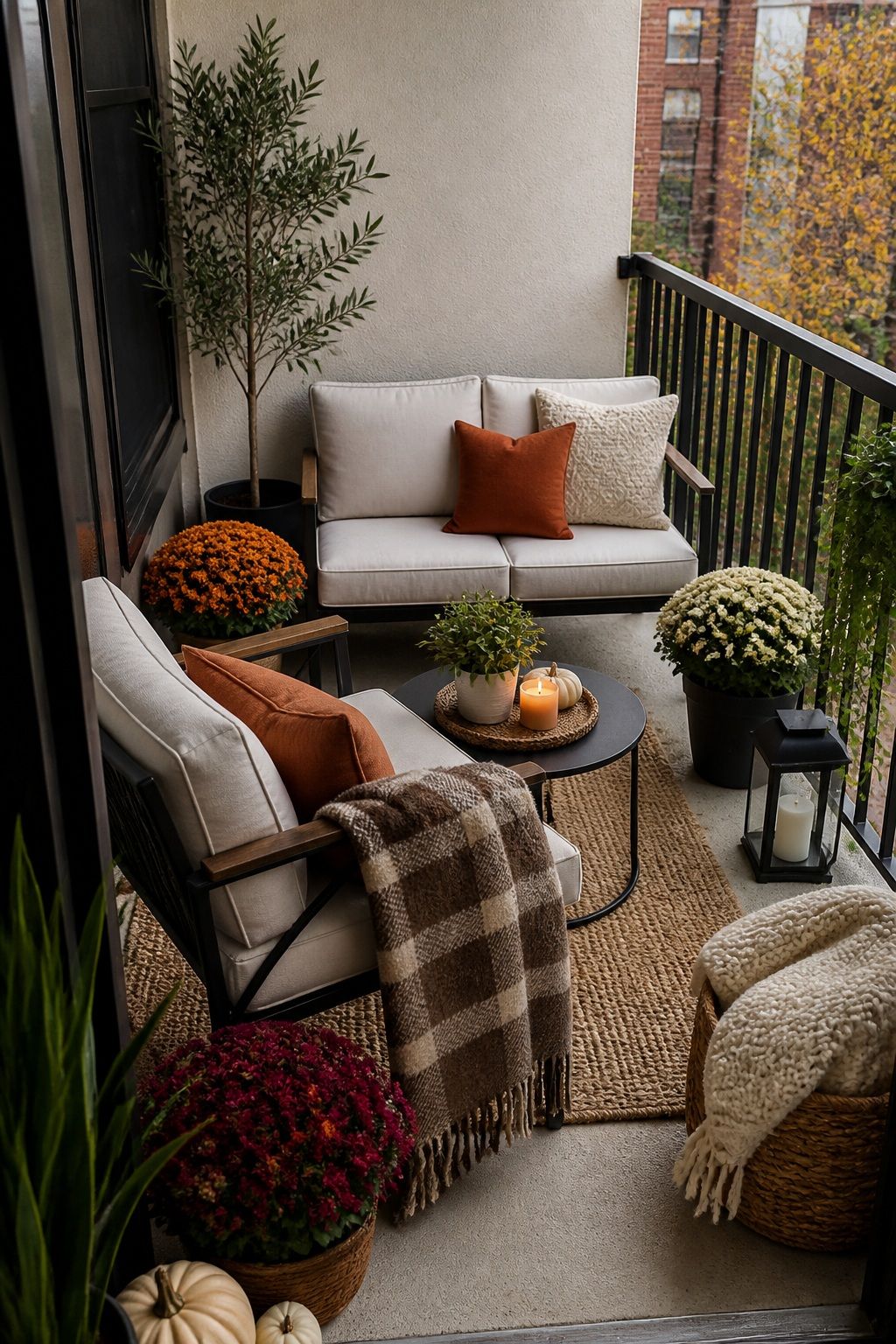 Create a Cozy Seating Arrangement small apartment idea for Top 16 Fall Patio Decor Ideas for Small Patios and Apartments.