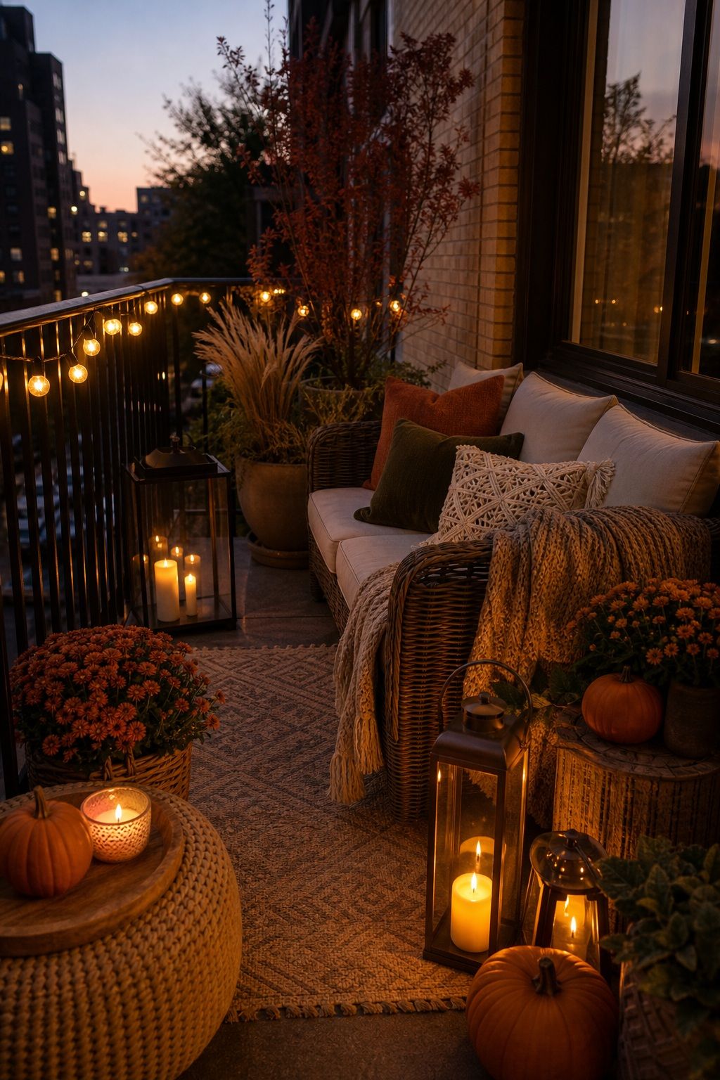 Bring in Lanterns for Layered Floor-Level Light small apartment idea for Top 16 Fall Patio Decor Ideas for Small Patios and Apartments.
