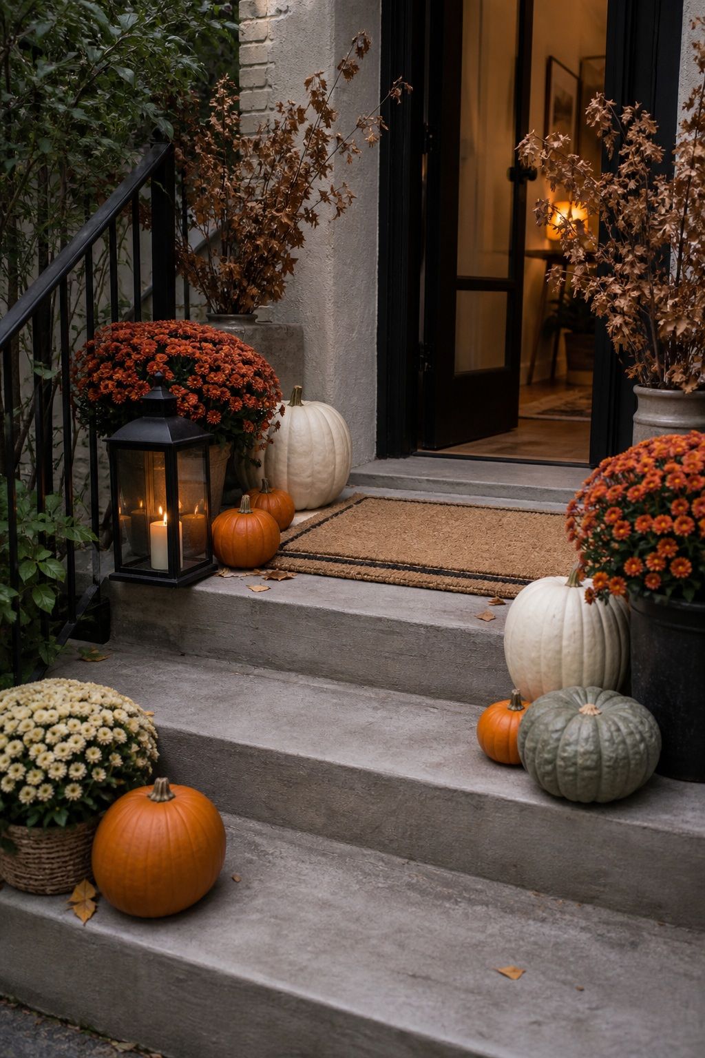 Decorate the Steps and Entrance With Seasonal Touches small apartment idea for Top 16 Fall Patio Decor Ideas for Small Patios and Apartments.