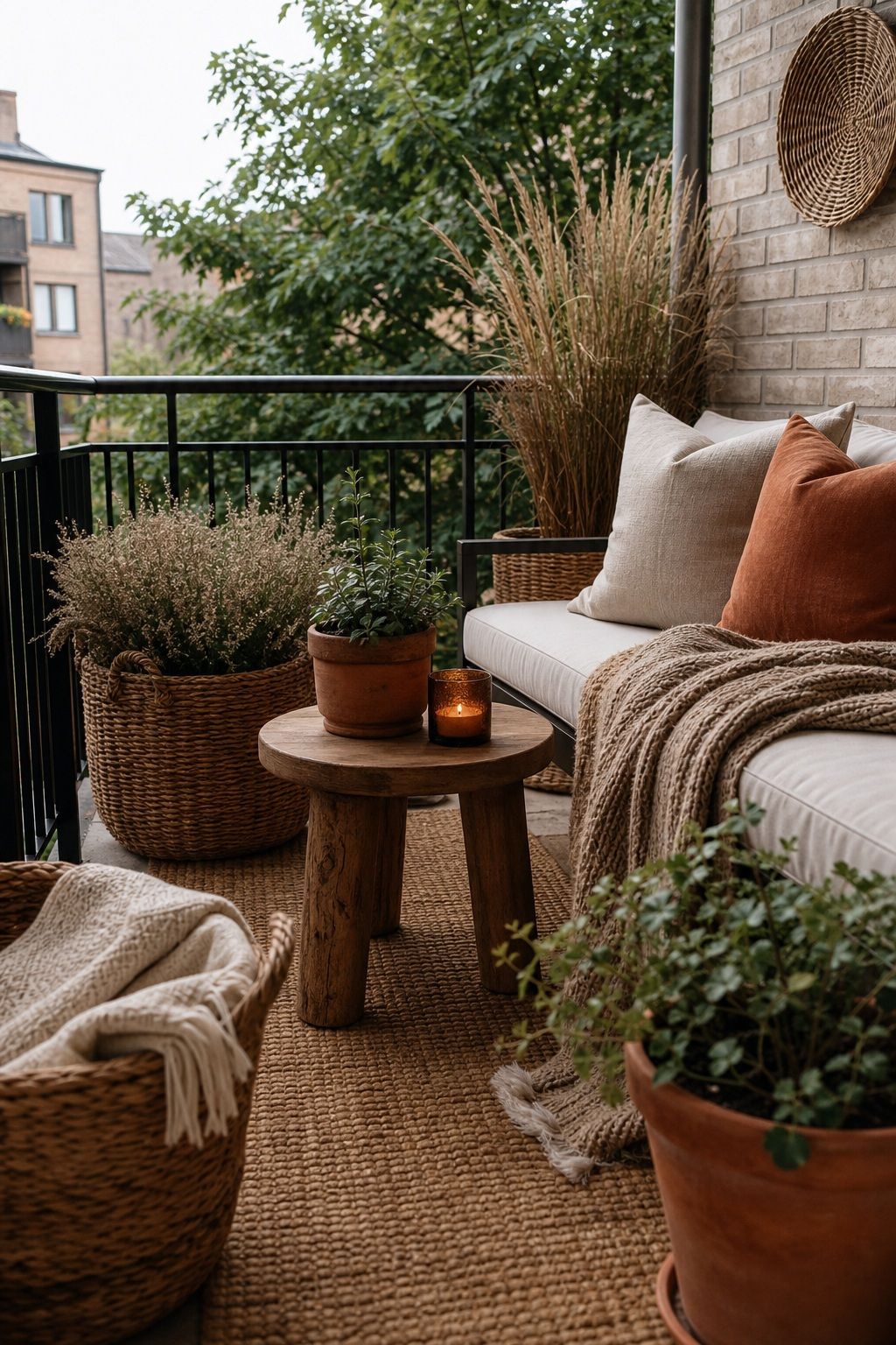 Add Texture With Baskets, Wood, and Natural Materials small apartment idea for Top 16 Fall Patio Decor Ideas for Small Patios and Apartments.
