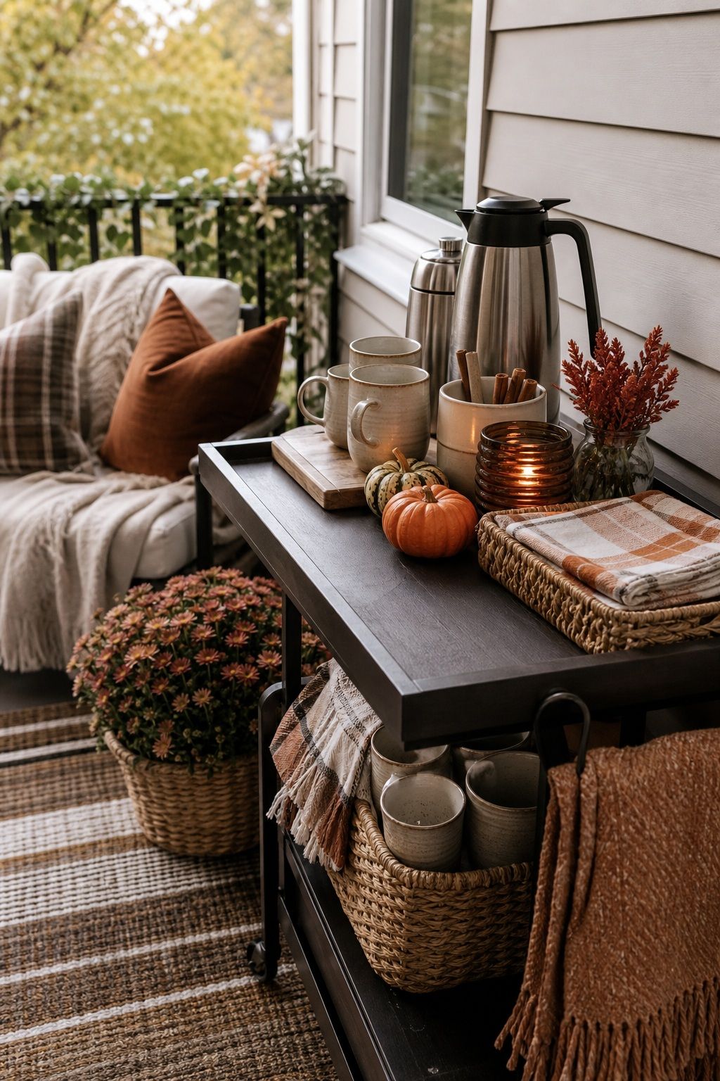 Set Up a Warm Drink Station for Guests small apartment idea for Top 16 Fall Patio Decor Ideas for Small Patios and Apartments.