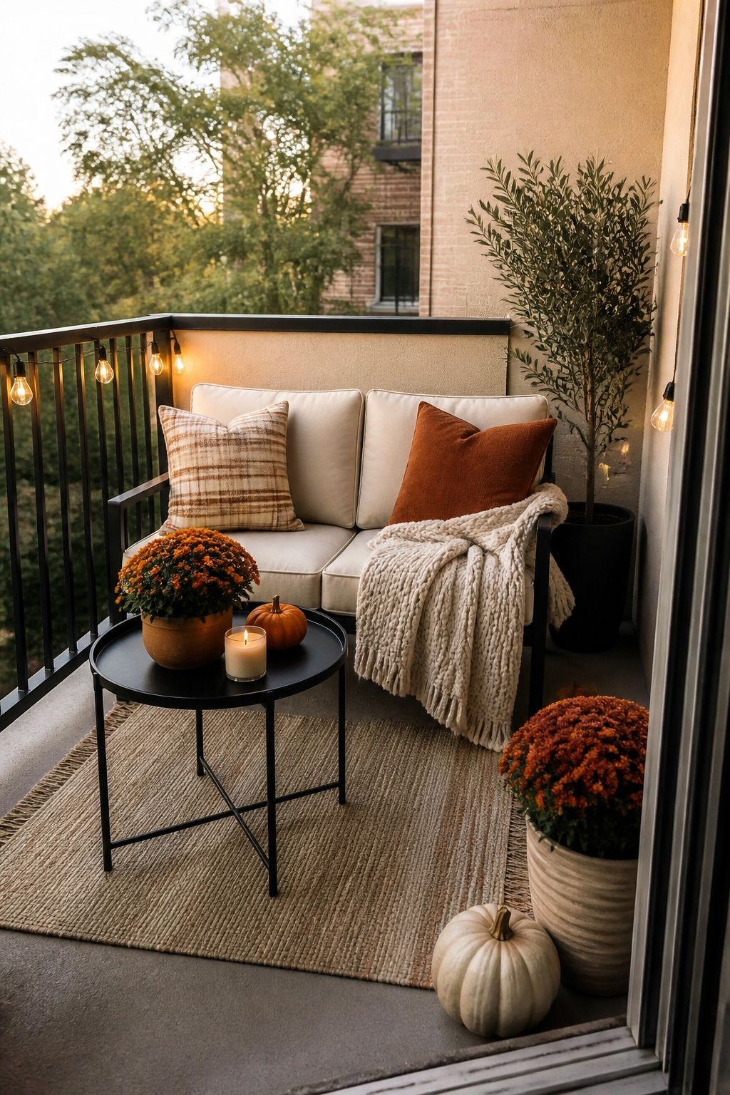 Keep It Cozy and Layered, Not Cluttered small apartment idea for Top 16 Fall Patio Decor Ideas for Small Patios and Apartments.