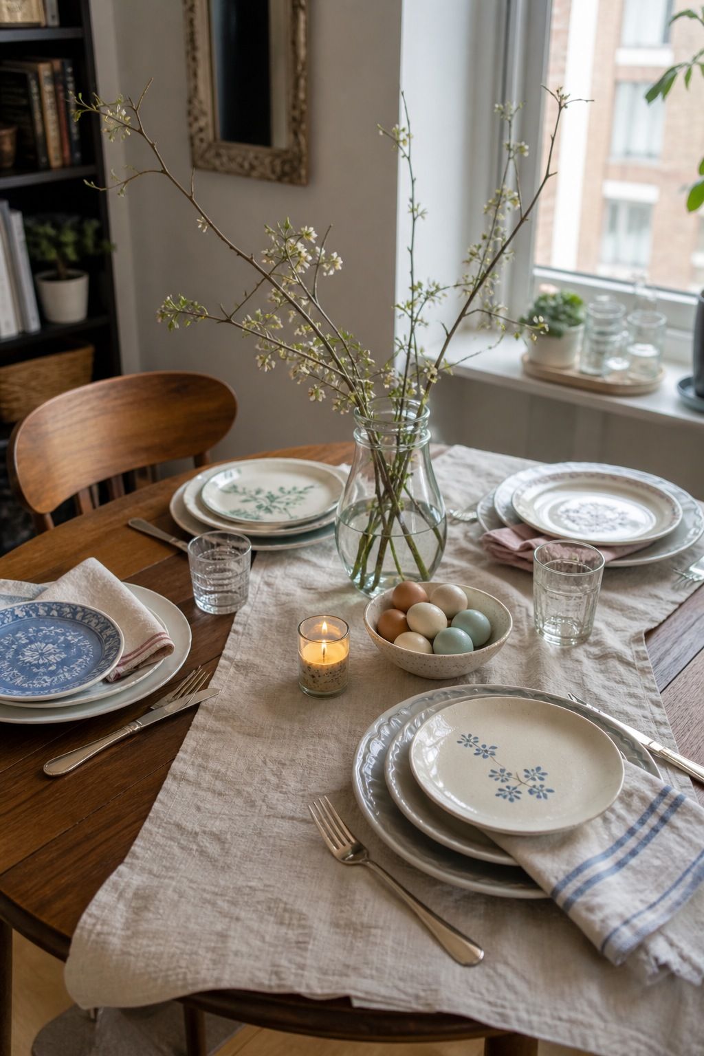 Use Mixed Mismatched Plates in One Color Family small apartment idea for Top 18 Fall Table Decor Ideas for Small Apartments.