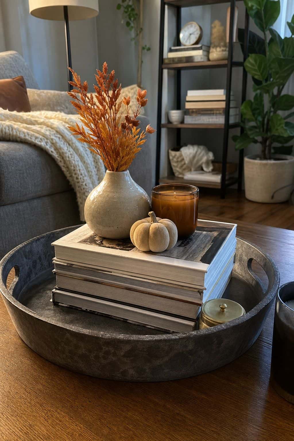 Use a Book Stack as a Riser small apartment idea for Top 17 Fall Tray Decor Ideas for Small Spaces.