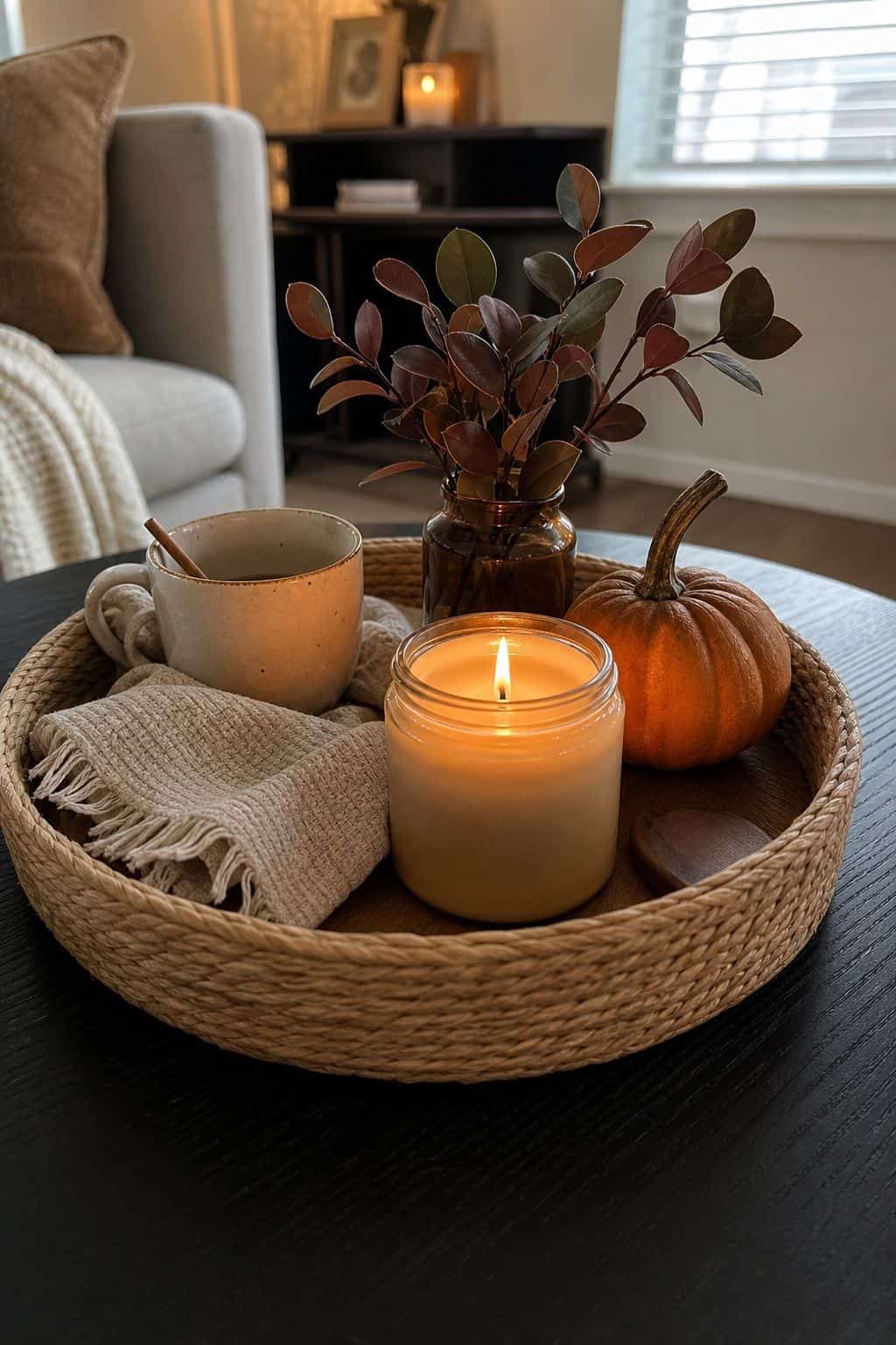 Add a Candle for Warmth and Glow small apartment idea for Top 17 Fall Tray Decor Ideas for Small Spaces.