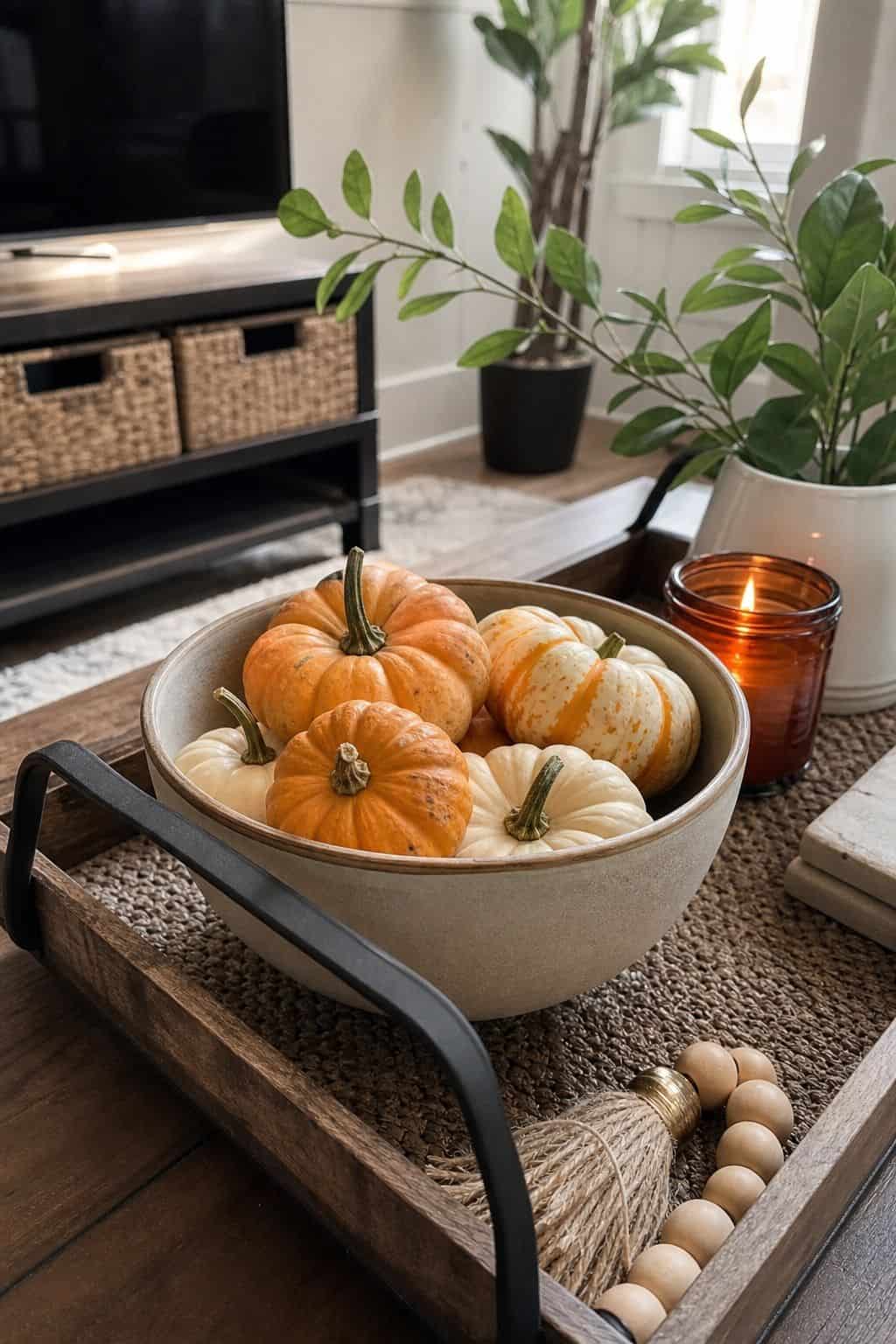 Fill a Bowl With Mini Pumpkins small apartment idea for Top 17 Fall Tray Decor Ideas for Small Spaces.