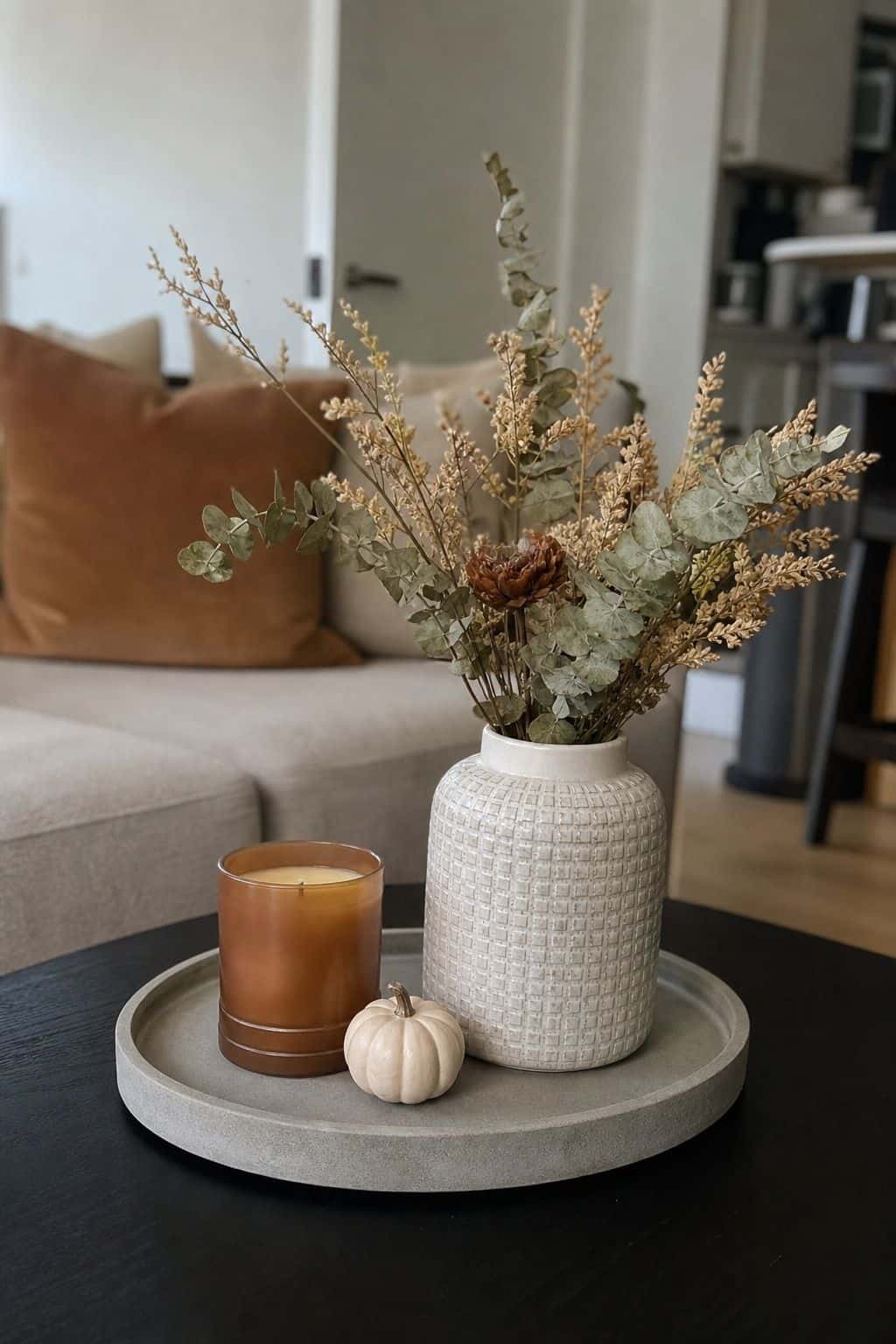 Add a Small Floral or Dried Arrangement small apartment idea for Top 17 Fall Tray Decor Ideas for Small Spaces.