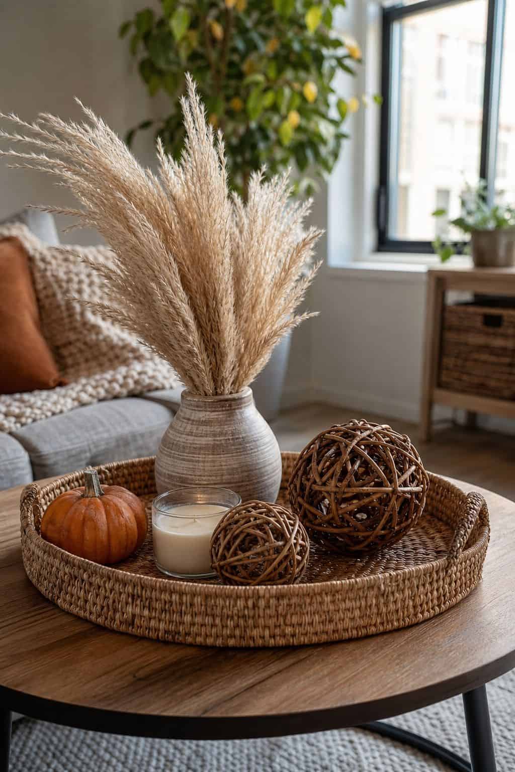 Layer in Pampas Grass and Wicker Spheres small apartment idea for Top 17 Fall Tray Decor Ideas for Small Spaces.