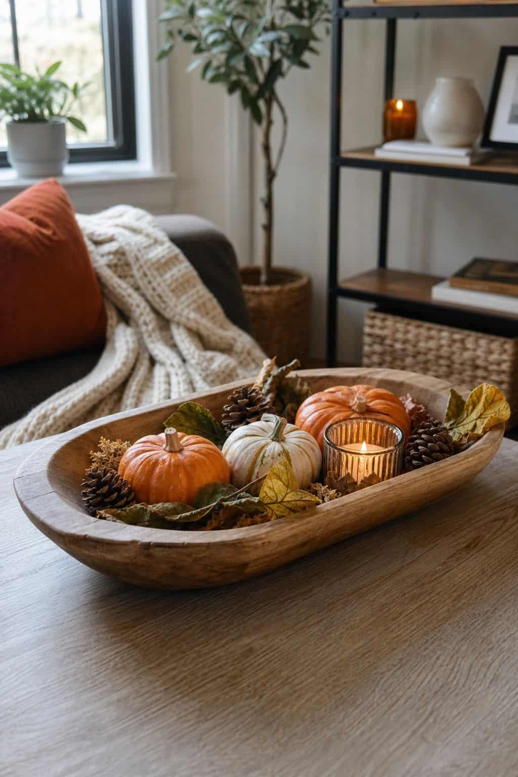 Style a Dough Bowl as the Centerpiece small apartment idea for Top 17 Fall Tray Decor Ideas for Small Spaces.
