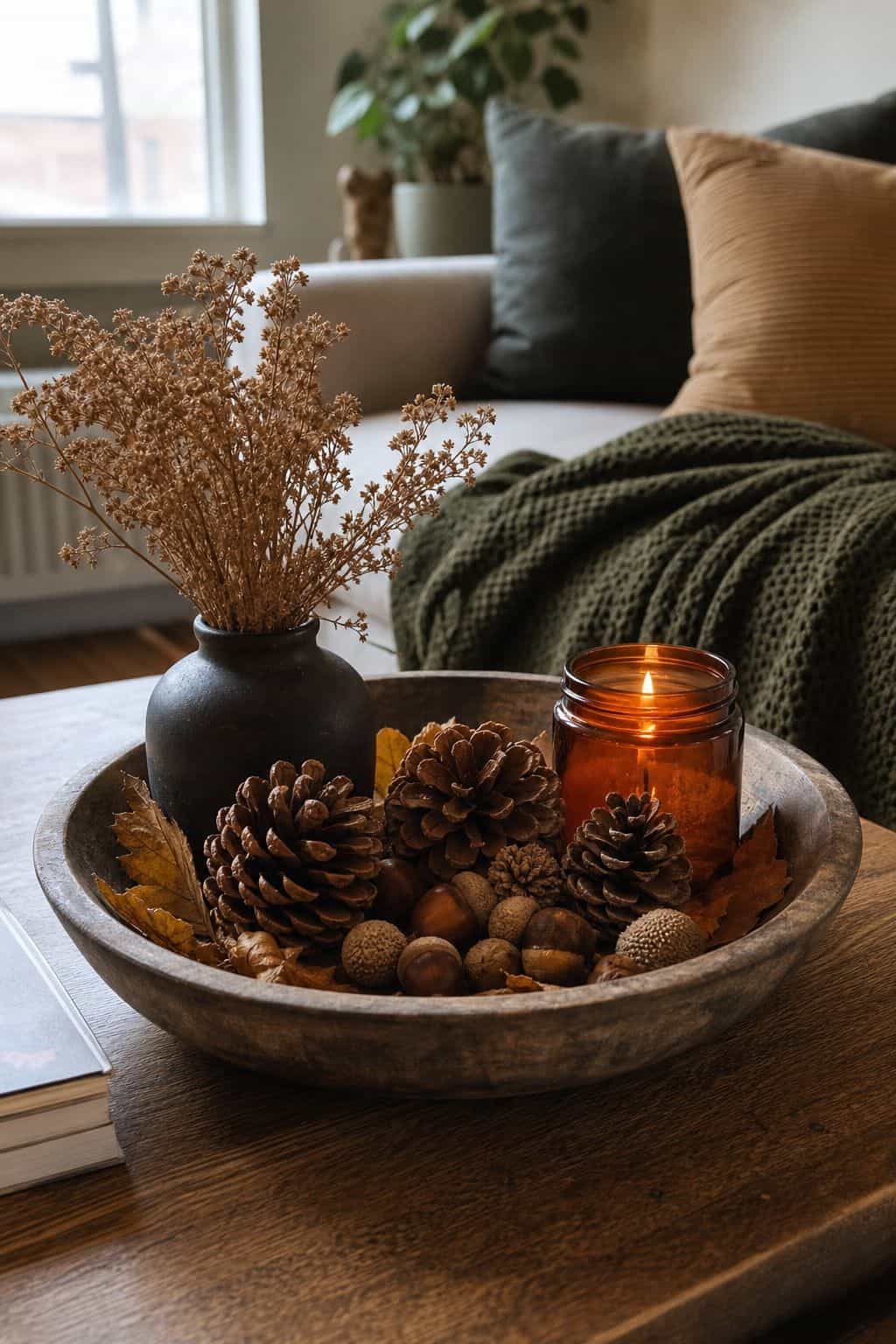 Add Natural Elements: Pinecones and Acorns small apartment idea for Top 17 Fall Tray Decor Ideas for Small Spaces.