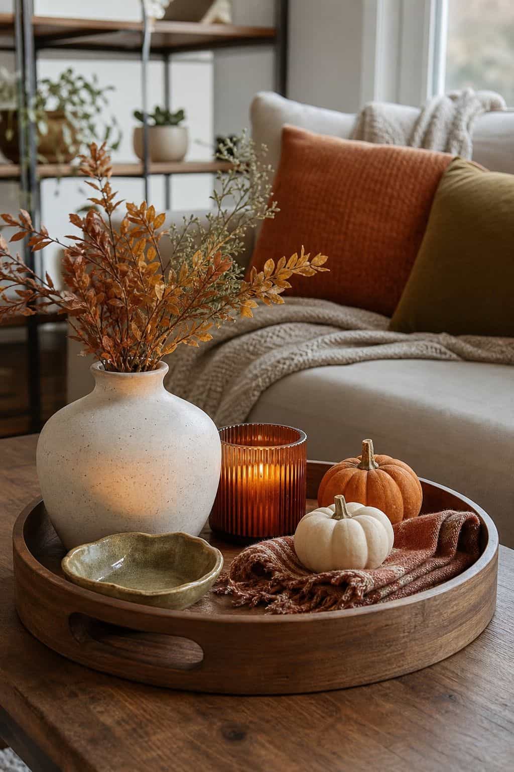 Choose a Warm Fall Color Palette for the Tray small apartment idea for Top 17 Fall Tray Decor Ideas for Small Spaces.