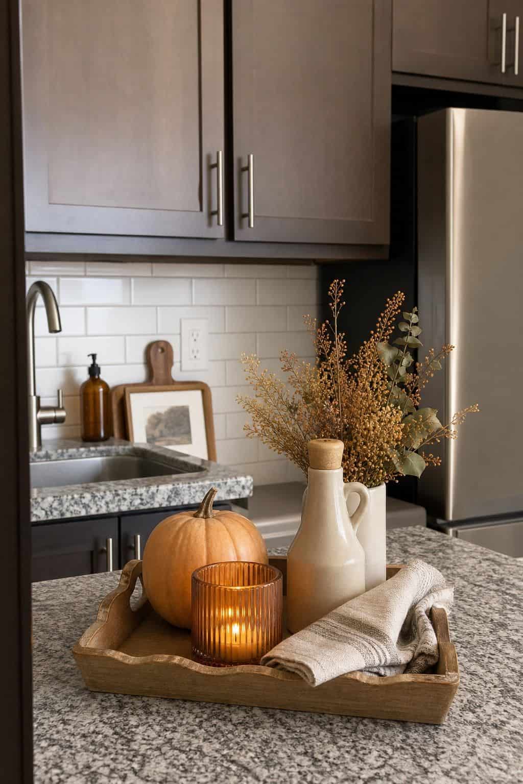 Style a Tray for the Kitchen Counter small apartment idea for Top 17 Fall Tray Decor Ideas for Small Spaces.