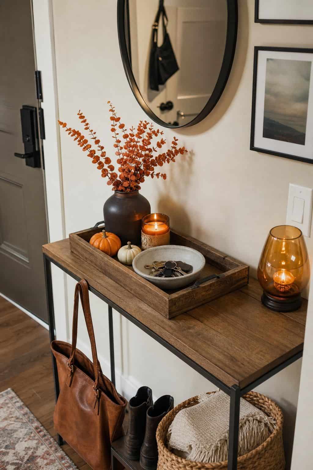 Style a Tray for the Console or Entry Table small apartment idea for Top 17 Fall Tray Decor Ideas for Small Spaces.